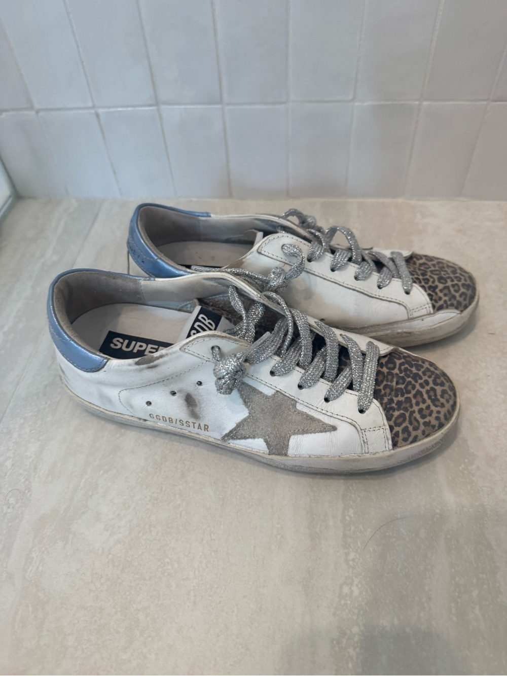 Golden Goose Kids White Sneakers with Leopard Toe and Silver Star size 36